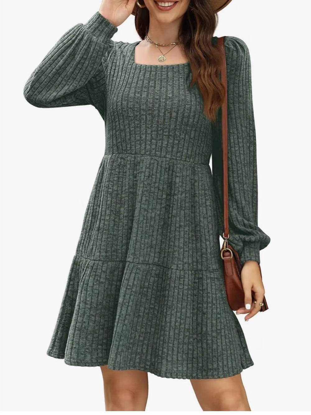 Square-Neck Ribbed Tiered Dress in Forest Green